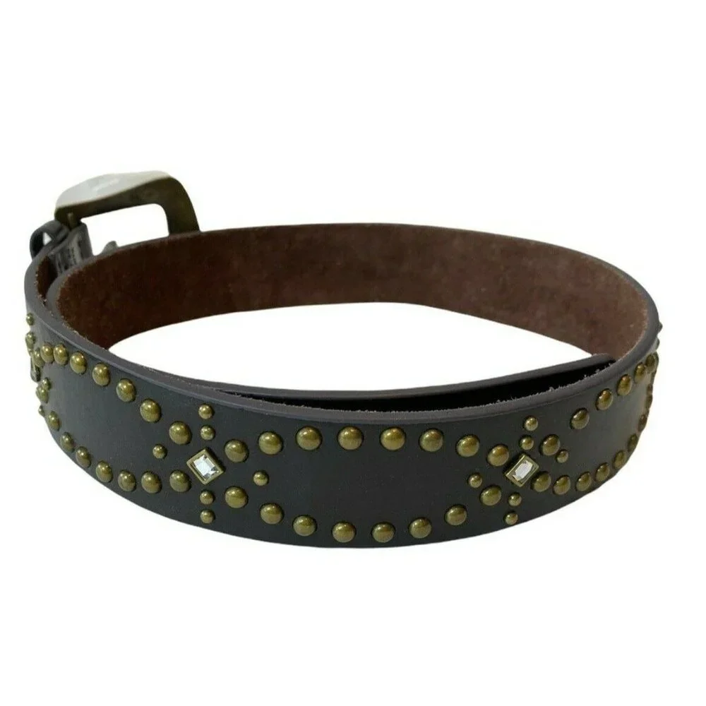 Genuine Brown Leather Metal Studded Bling Belt Buckle Boho Trendy Western 36”